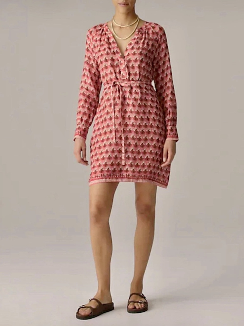 J. Crew Red/Pink Floral Cabana Mini Dress, Long Sleeve, 100% Ramie large